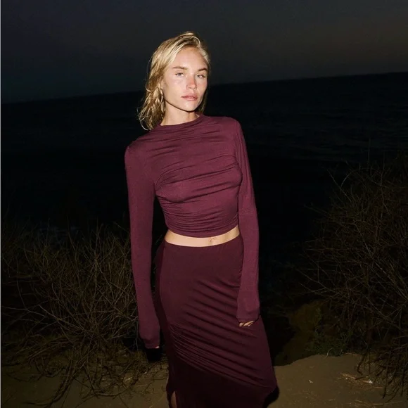 Free People Cierra Set Burgundy Long Sleeve Top and Maxi Skirt - Picture 2 of 5